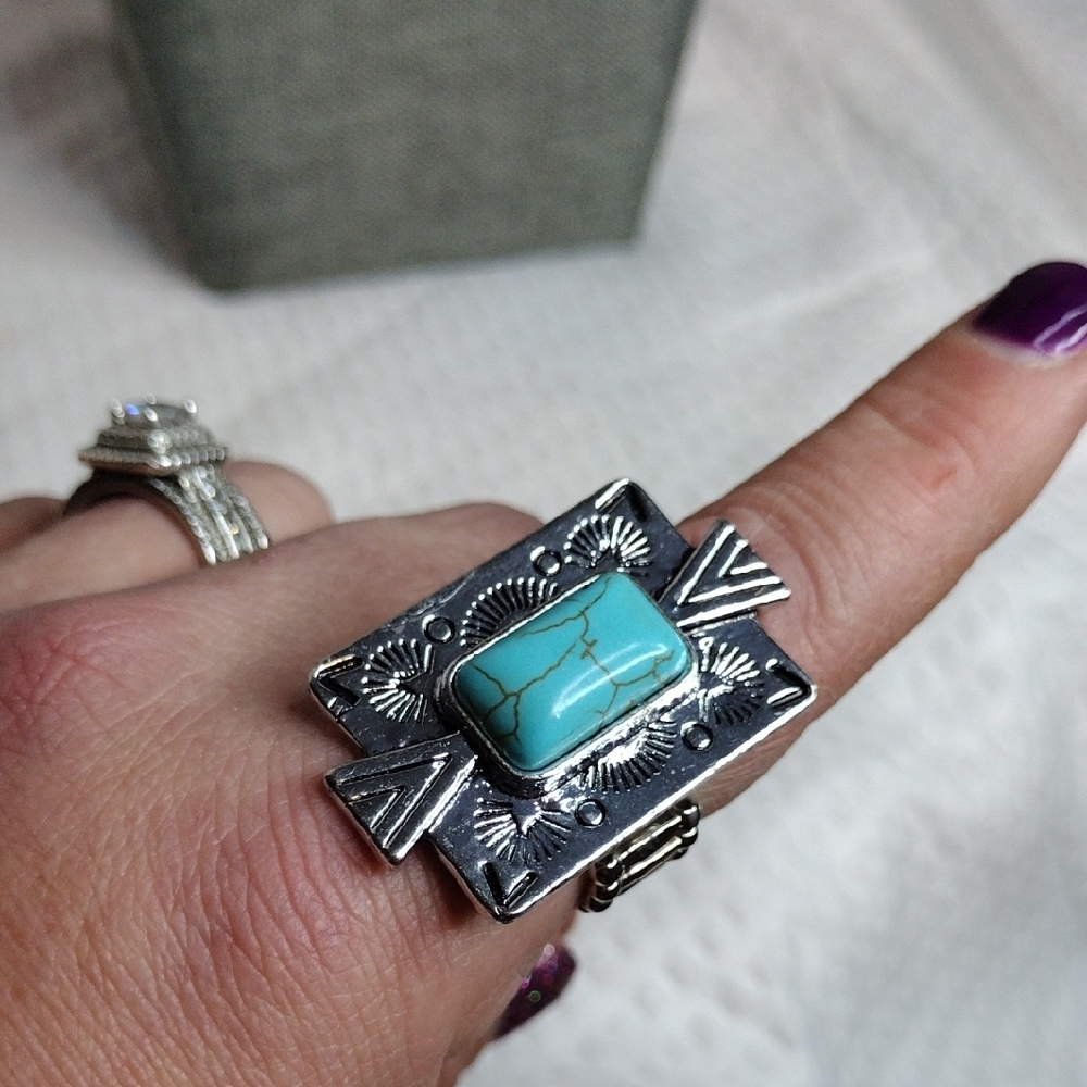 Silver And Turquoise Statement Stretch Ring - image 5